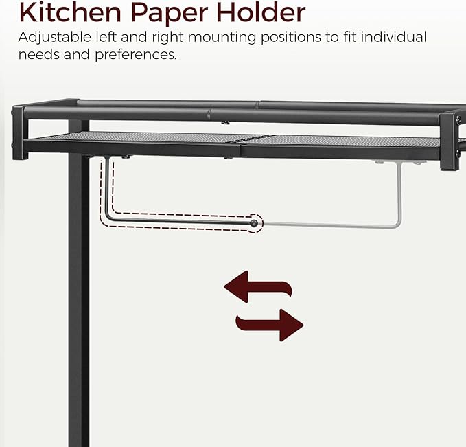 Bakers Rack with Storage, Microwave Stand with Paper Holder, Bakers Rack with Power Outlet, Coffee Bar Station with 6 Hooks, for Kitchen, Dining Room, Rustic Brown and Black BRHR36E01