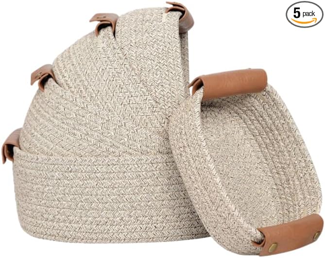 SVNR Brown Storage Baskets Set of 5, Woven Rope Shelf Bins for Organizing - Durable Cube Organizers for Closet, Nursery, Bedroom, Toy Storage with Handles, Modern Home Decor