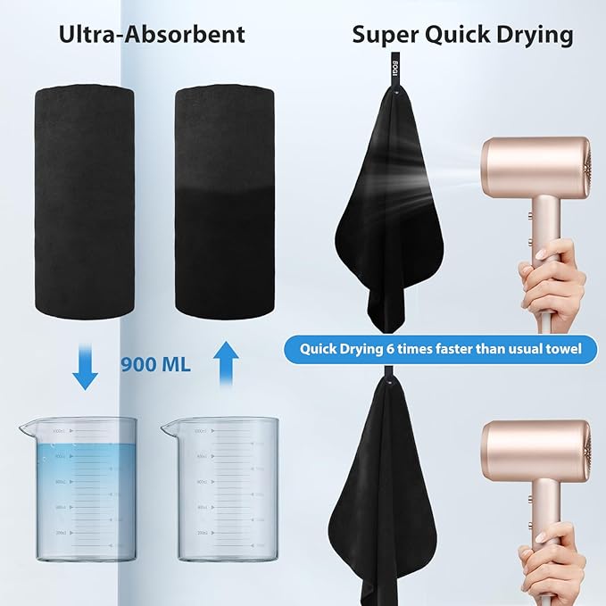 Microfiber Travel Sports Towel-Quick Dry Soft Lightweight Absorbent Compact for Camping Gym Beach Bath Yoga Backpacking (S:16''x32'',2Pcs-Black)