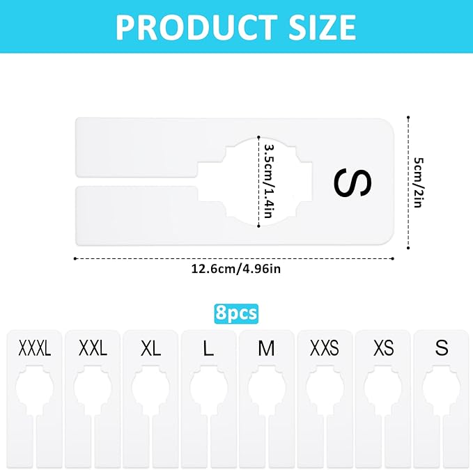 8 Pcs Closet Rack Dividers White Rectangular Closet Dividers for Hanging Plastic Clothing Hanger Divider Rack Size Divider Reusable Closets Separators Labels Preprinted in 8 Sizes