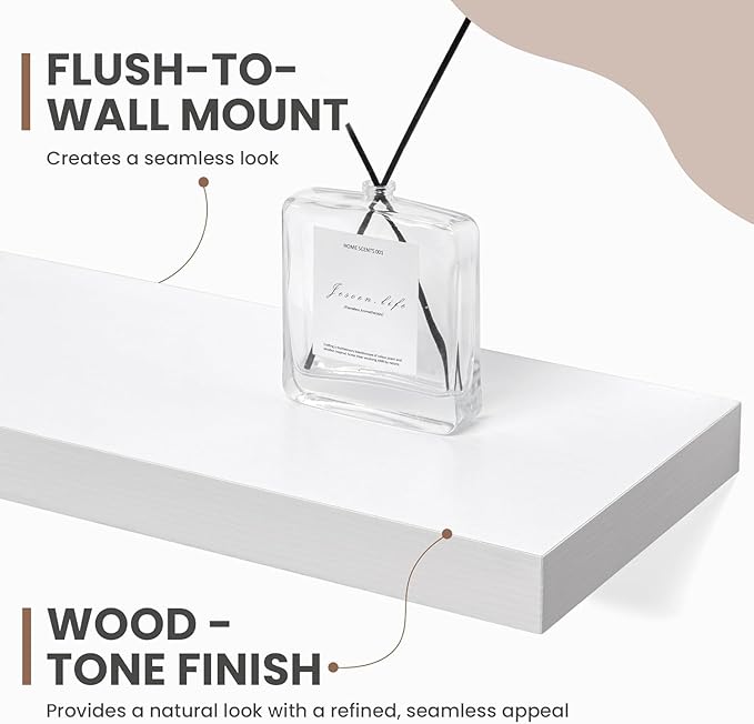 55 Inch Floating Shelves, 8 Inch Deep Floating Shelves for Wall, Hanging Shelf with Invisible Brackets, Deep Shelves for Bathroom, Bedroom, Living Room, White, Set of 1