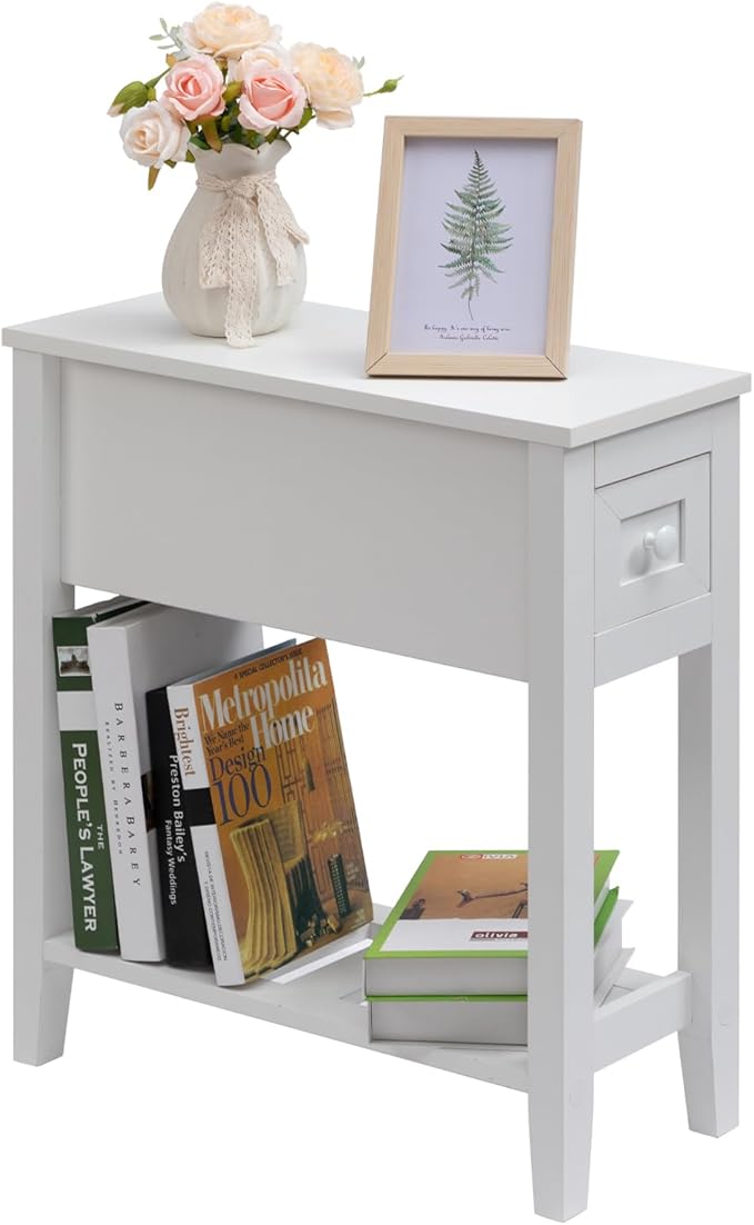 Narrow Side Table with Storage Drawer - White Slim Nightstand for Small Spaces