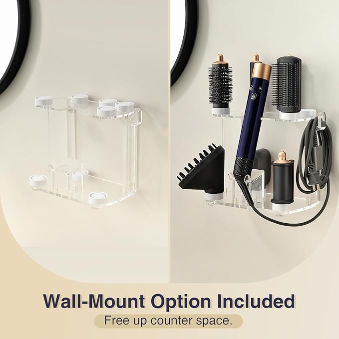 Acrylic Storage Holder for Dyson Airwrap Shark FlexFusion FlexStyle, Wall Mount Display Stand, Countertop Hair Tool Organizer for Vanity, Clear&White