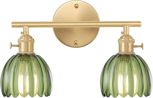 Bathroom Light Fixtures, 2-Light Brass Vanity Wall Light Over Mirror with Green Tulip Glass Shade for Bedroom Living Room (Bulb Not Included)
