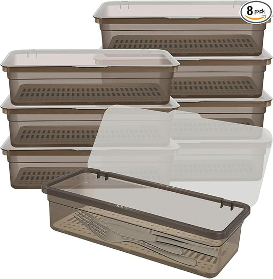 8 Pcs Flatware Tray with Lid Large Plastic Drainer Silverware Utensil Clear Drawer Organizer Cutlery Storage Container Box Dinnerware Holder with Cover for Home Kitchen Travel
