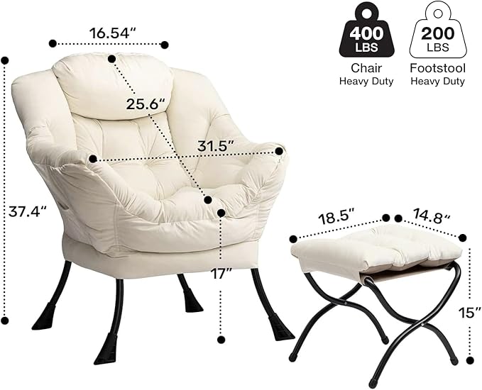 HollyHOME Lazy Chair with Foldable Ottoman, Accent Comfy Lounge Armchair and Folding Footrest Stool, Leisure Sofa Reading Chair and Footstool for Living Room, Bedroom, Dorm,Velvet Beige