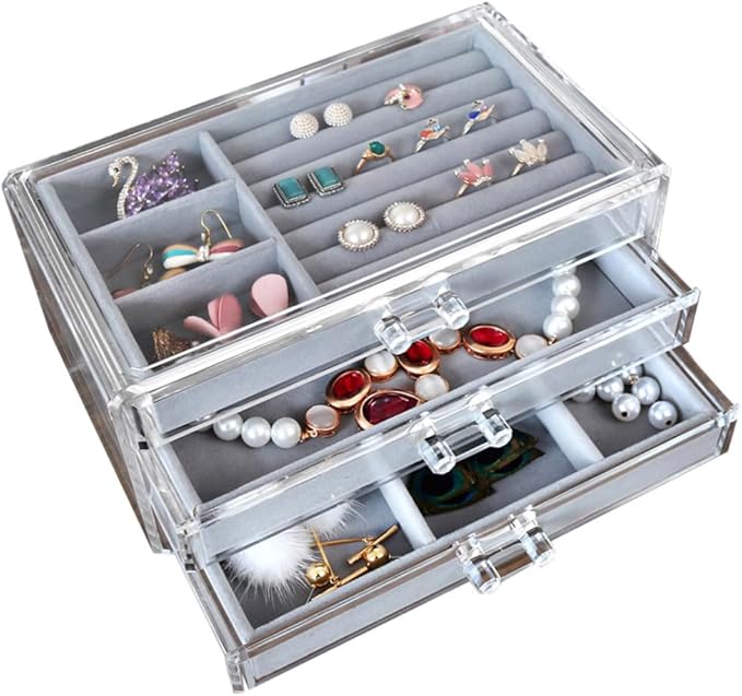 Acrylic Makeup Organizer Box 3 Layers Jewelry Storage Case for Cosmetics and Accessories for Vanity Table and Bedroom Display