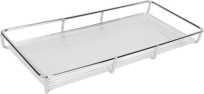 Restokki Bathroom Countertop Tray Stainless Steel Acrylic Modern Minimalist Design Storage Shelf Vanity Tray for Cosmetics Living Goods (Silver Single Layer Small Size)