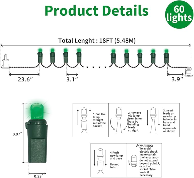LAMPHOME 60 LED Green St. Patrick's Day String Lights - Green LED Christmas Lights, Mini led Lights for Indoor Outdoor Home Holiday Party Wedding St Patricks Day Decoration