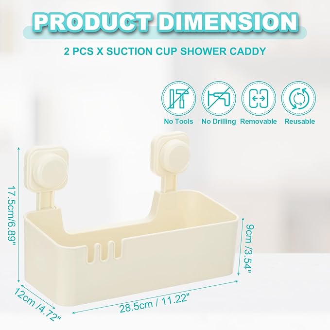 uxcell 2Pcs Suction Cup Shower Caddy, 11 x 7 Inches Suction Cup Shower Organizer Shelf Wall Mount Dispenser Rack Storage Shelf for Bathroom Kitchen, Beige