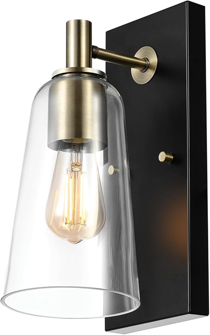 GLOBE Electric 65000045 1-Light Wall Sconce, Matte Black, Matte Brass Accents, Clear Glass Shade, Wall Lights for Living Room, Bedroom, Den, Apartment Essentials, Mounted Bedside Lamp