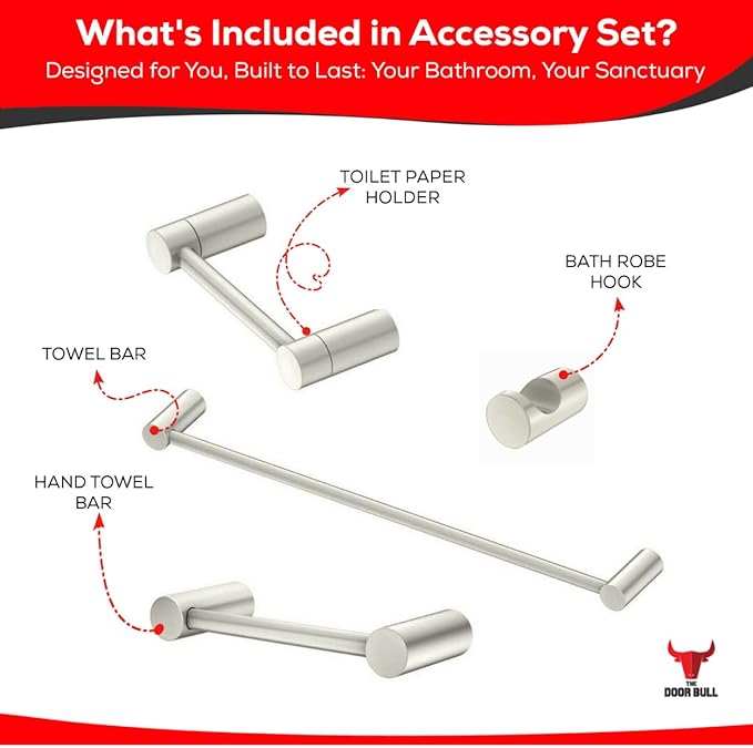 Contemporary Design 4-Piece Bathroom Hardware Accessory Set, Bathset 24 Inch Towel Bar, Hand Towel Bar, Toilet Paper Holder and Robe Hook, Rack Set Wall Mounted (Brushed Nickel, 4 Piece Set)