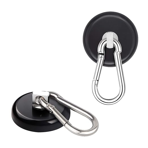Ant Mag Heavy Duty Neodymium Magnet Hooks with Swiveling Carabiner - 140LBS Capacity, Indoor/Outdoor Hanging, Black (2 Pack)