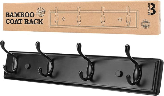 Badiano Wooden Coat Rack, Wall-Mounted Organizer for Closet, Entryway, Hallway, Foyer, Bedroom, Heavy Duty Double Hooks for Hanging Towels, Bags, Hats, Jackets, Key (Black, 4 Hooks)