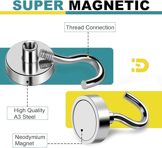E BAVITE Heavy Duty Magnetic Hooks,50 LBS Strong Neodymium Magnet Hook for Home, Kitchen, Workplace, Office and Garage, 20mm(0.78inch) in Diameter - Pack of 8