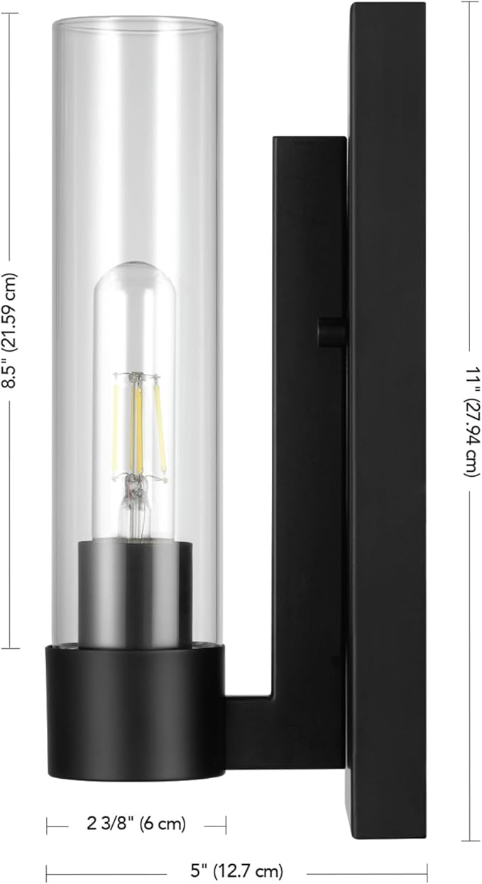 GLOBE Electric 1-Light Wall Sconce, Matte Black, Clear Glass Shade, Modern Industrial, Dimmable, 65000104