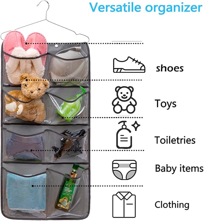 Dual Sided Hanging Closet Organizer Durable Socks Stocking Clothes Bra Accessories Storage Bag With 16 Large Pockets (Clear PVC Pockets)