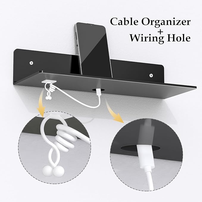 12" Black Acrylic Floating Shelves, 4 Pack Small Floating Shelf with Cable Clips for Living Room, Bathroom, Gaming Room, Dorm Wall Display Space