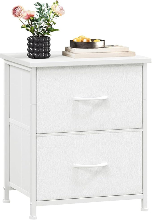 Somdot Nightstand, Small Dresser for Bedroom with 2 Drawers, Bedside Table Night Stand End Table with Fabric Bins for Bedroom Kids Closet Dorm Guest Room, White Leather
