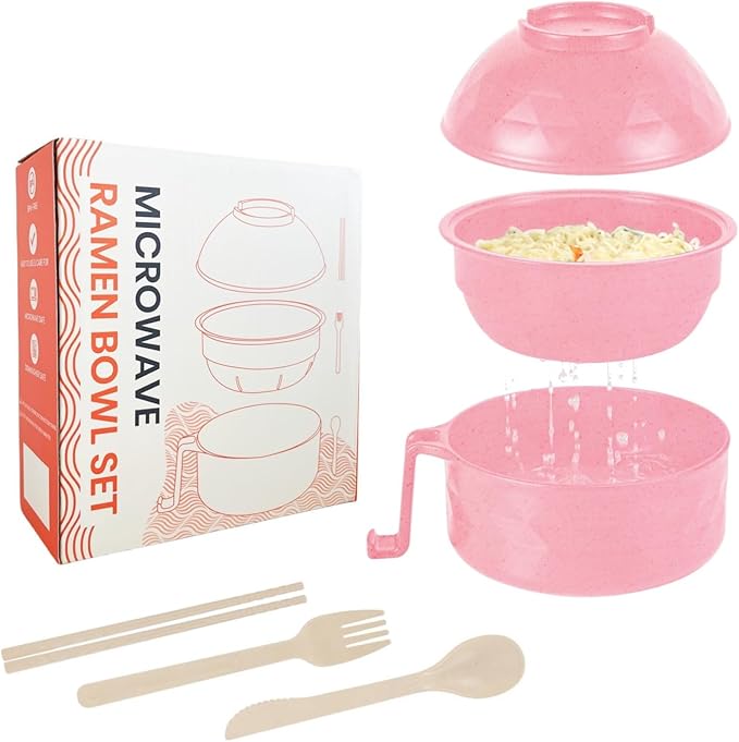 Microwave Ramen Cooker,Ramen Bowl With Chopsticks and Spoon,For Office College Dorm Room Essentials Instant Lunch Ideal for Shin and Buldak Noodle On The Go, Dishwasher-Safe,BPA-Free. (Pink)