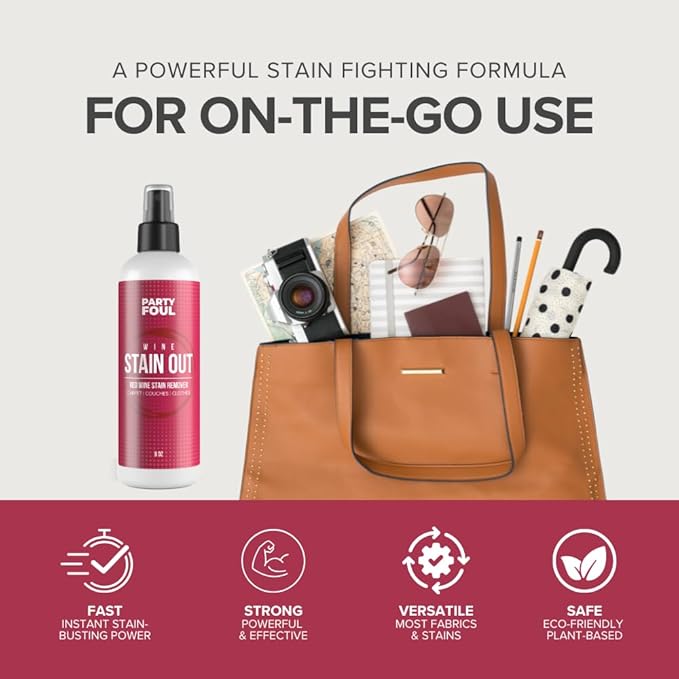 Party Foul Wine Stain Out Spray - Plant Based Red Wine Stain Remover for Clothes, Carpets, & Couches - Stain Remover Spray for Coffee, Tea, & Sports Drinks Stains - Unscented (8 Ounce (Pack of 2))