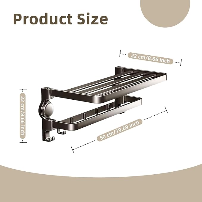 Aluminum Alloy Suction Cup Towel Rack, Bathroom Storage Shelf, No-Drill Mounting (Medium)