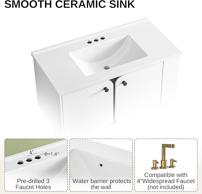 IRONCK 36 Inch Bathroom Vanity with Sink, Wall Mounted Floating Vanity with LED Light & Open Side Shelf, High Gloss Modern Bathroom Cabinet for Small Space, White