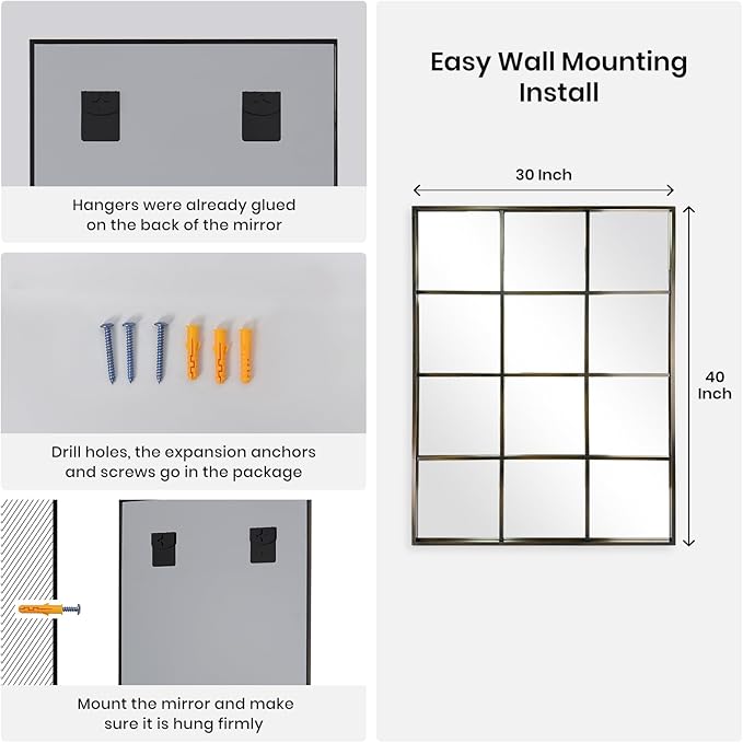 Windowpane Wall Mirror 30"x40" Bronze Wall Mounted Art Pane Mirror Farmhouse Decorative Mirror Leaning Hanging Wall Mirror for Bedroom Living Room Entrance Hallway Wall Decor