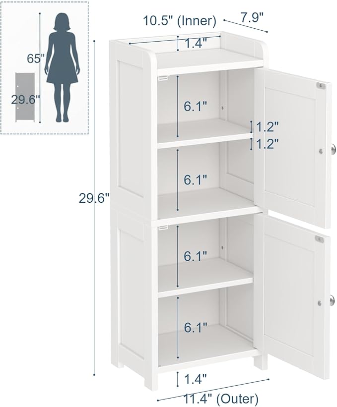 Small Bathroom Storage Cabinet, 30" Tall Freestanding Corner Floor Cabinet with 2 Doors & 5 Shelves (2 Adjustable), Narrow Toilet Paper Holder Organizer for Small Spaces, White