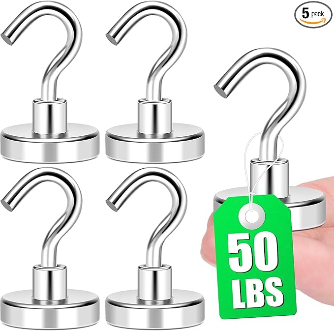 MIKEDE Heavy Duty Magnetic Hooks for Refrigerator Hanging, Magnetic Hanger for Cabins, Grill - Pack of 5，50lbs
