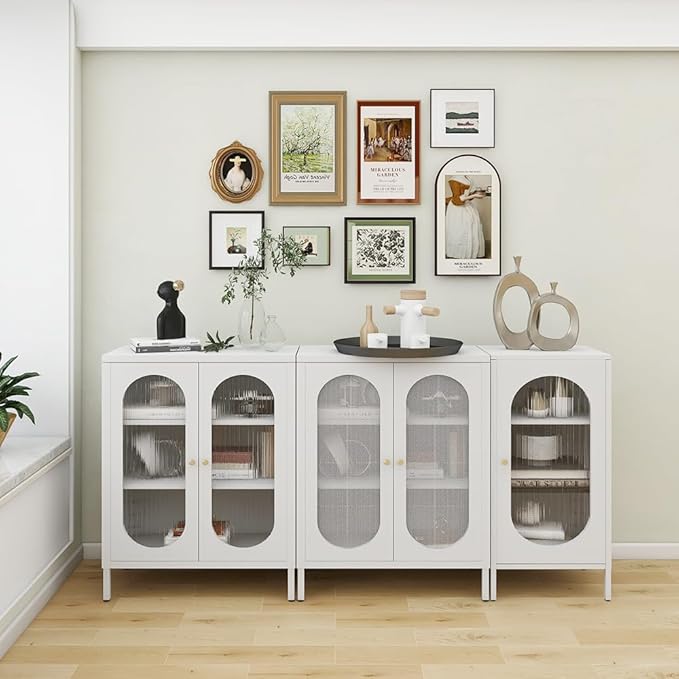 White Metal Locker Storage Accent Cabinets with 2 Adjustable Shelves, 3 Tier Metal Storage Cabinet with Legs, Steel Cupboard Lockers for Kids Bedroom, Home, Office, Entryway, Kitchen (Mash Door)