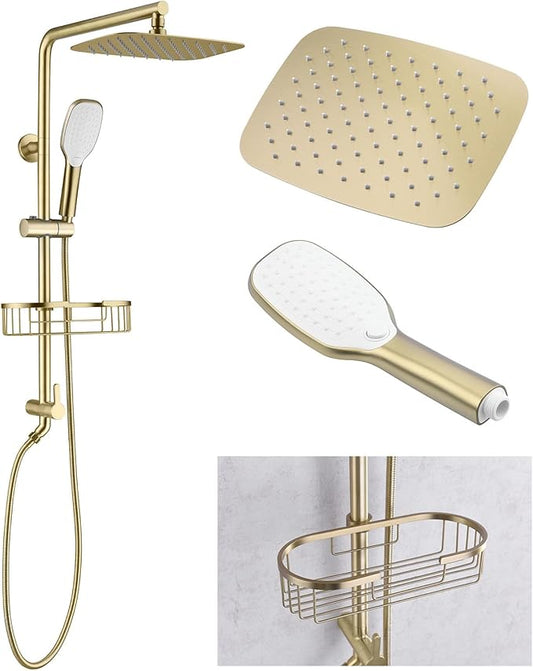 SonTiy Rain Shower Head System with Handheld Spray, 360° Adjustable Shower Arm Exposed Showerhead Kit with Caddy for Whole Family, Brushed Gold