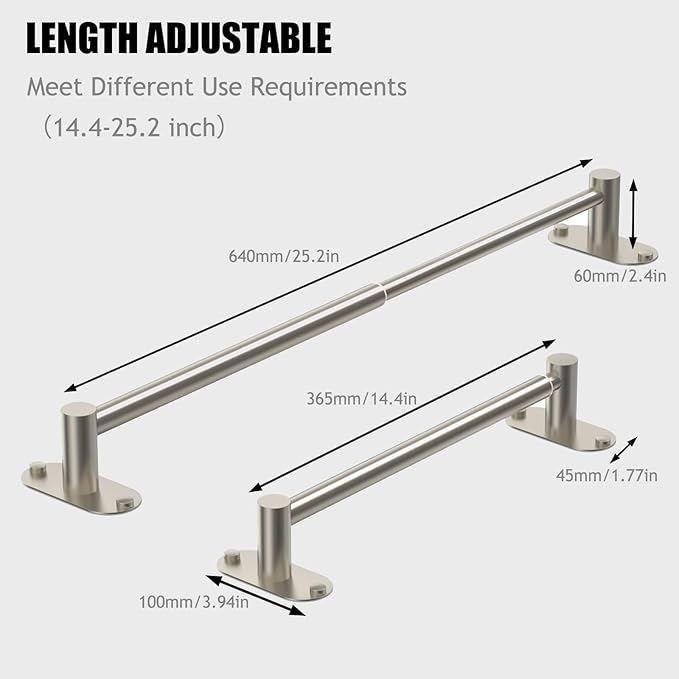 Towel Bar, Adjustable 14.4inch - 25.2inch Towel Rack, Self Adhesive & Wall Mounted for Bathroom Kitchen Hand Towel Holder Cloths Hanger SUS 304 Stainless Steel Organizer Single Bar (3, Brushed Nickel)