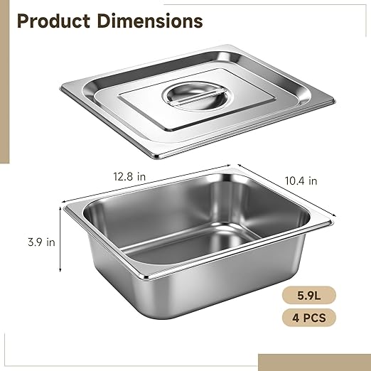 4 Pack Hotel Pan with Lid, Stainless Steel Deep Steam Table Pan, 5.9 L Stackable Food Storage Container for Kitchen, Restaurant, Catering, Buffet Serving