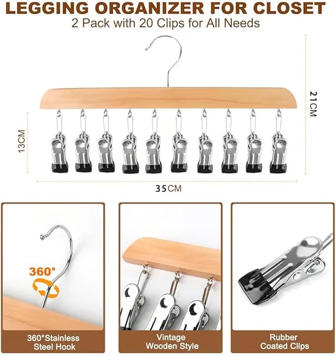 Closet Organizer with 10 Clips - Space Saving Hanging Closet Organizer, 2026 Upgraded Legging Hangers for Closet, 360° Rotating Metal Clips with Silicone Lining for Clothes (Wood, 2PCS)
