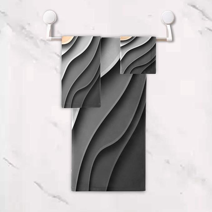 Burn Orange Grey Black Striped Bath Towels Set,Ultra Soft 3 Piece Modern Abstract Beach Waves Towel Set for Bathroom,1 Bath Towel 1 Hand Towel 1 Washcloth,Absorbent Decoractive Bathroom Towels