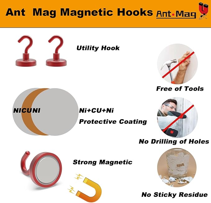 Ant Mag Strong Magnet Hooks 100lbs+ Pulling Force Neodymium Hooks Hangers Heavy Duty Used for Home Kitchen Refrigerator
