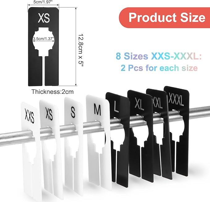uxcell Clothes Dividers,16 Pack Rectangle Closet Rack Dividers Clothing Rack Size Dividers Blank Labels with 8 Size Reusable for Hanging Clothes Sorting Size, White/Black