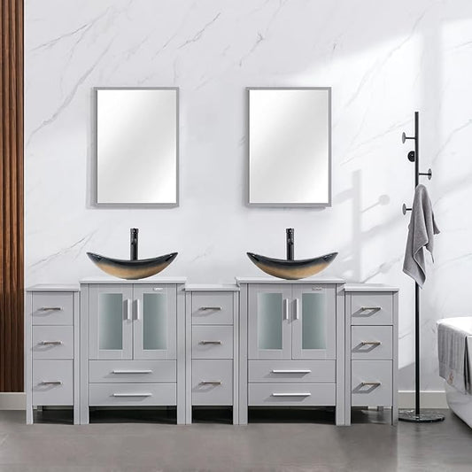 eclife 84" Modern Bathroom Vanity Sink Combo Freestanding Cabinet with Small Side Cabinet, Champagne Boat Glass Vessel Sink, Water Save Faucet, Drain (Gray+A29CH)