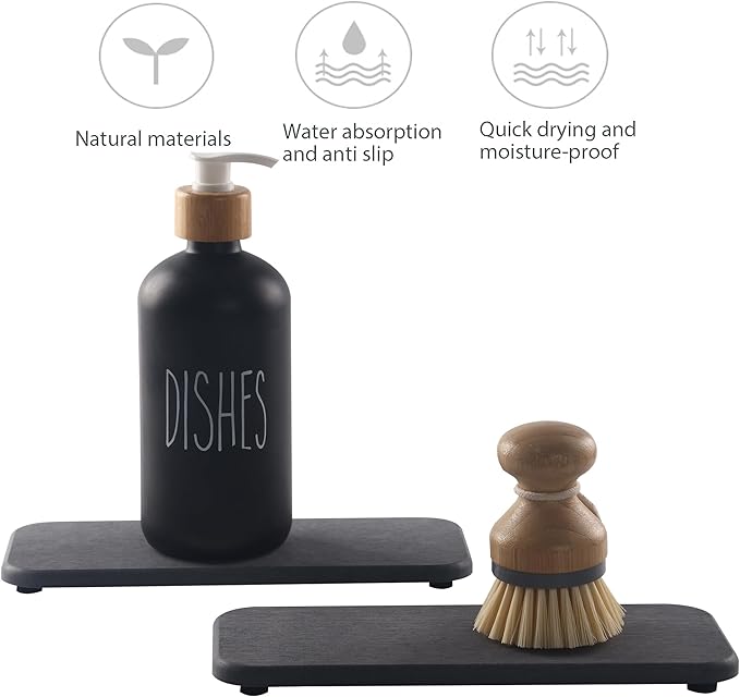 2 Pcs Water Absorbing Stone Trays, Kitchen/Bathroom Sink Soap Dish, Diatomite Tray Used for Hand Soap & Cosmetic Bottles in the Modern Home, 4" W x 9" L, Dark Gray