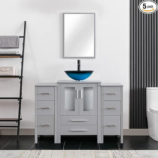 eclife 48" Modern Bathroom Vanity Sink Combo Freestanding Cabinet with Small Side Cabinet, Turquoise Square Glass Vessel Sink, Water Save Faucet, Drain (Gray+A10)