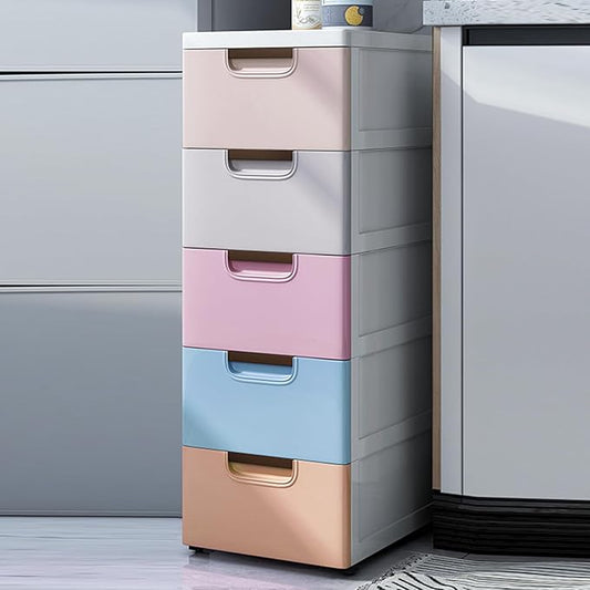 5 Drawer Stackable Storage Tower,Plastic Drawers Dresser,Narrow Rolling Storage Cabinet for Livingroom Bedroom,Colored