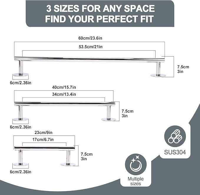 9 Inch Polished Chrome 304 Stainless Steel Towel Hanger for Bathroom - Adhesive & Wall Mount Towel Holder, New Apartment Essentials, Space-Saving Bathroom Furniture for Small Spaces