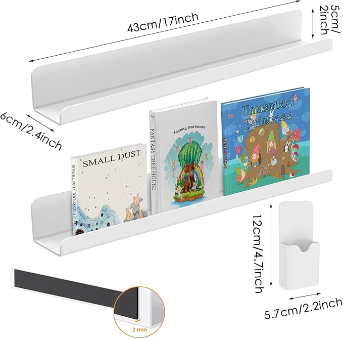 2 Pcs Magnetic Book Shelf for Whiteboard, Reusable Magnetic Book Holder and Pen Holder, Reusable Magnetic Shelves for Classroom, Office, Refrigerator, School Supplies