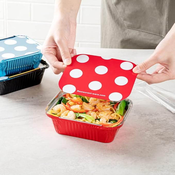 Restaurantware 12 Ounce Disposable Takeout Containers 50 Rectangle Food Containers - With Polka Dot Lids Red Takeaway Containers Aluminum Delivery Containers Freezable
