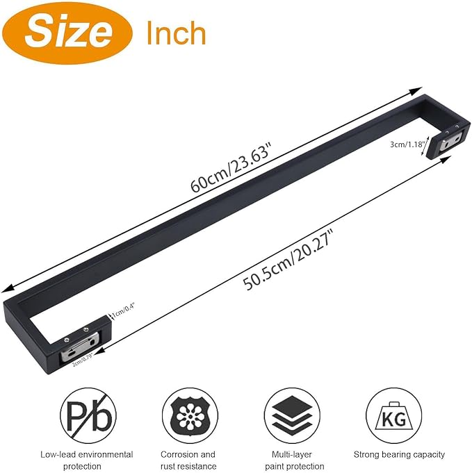 TocTen Bath Towel Rack - Square Base Thicken SUS304 Stainless Steel Towel Bar for Bathroom, Bathroom Bar Accessories Towel Rod Heavy Duty Wall Mounted Towel Holder (Matte Black, 24 Inch)
