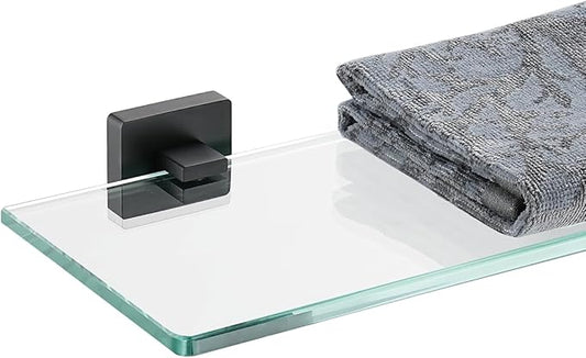 JQK Bathroom Glass Shelf Black, Tempered Glass Shower Storage 12 by 5 inches, 304 Stainless Steel Matte Black Wall Mount, TGS201L12-PB