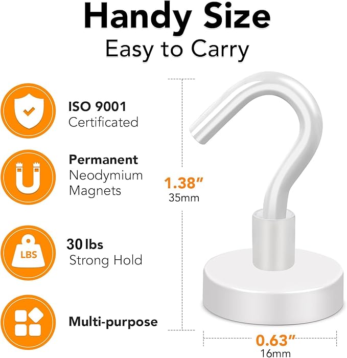 MIKEDE Strong Magnetic Hooks Heavy Duty, 30LB Rare Earth Neodymium Magnets with Hooks for Hanging, Strong Cruise Hooks for Kitchen, Home, Workplace, Office and Garage - (White, 6 Pack)
