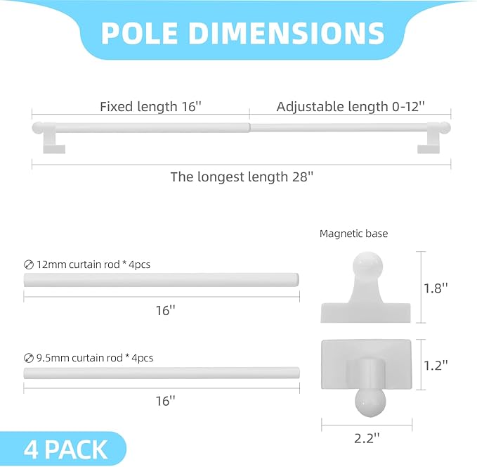 WL.Rocaille Magnetic Curtain Rods Adjustable Magnetic Rods for Metal Appliance, Doors, Windows, 16 to 28 Inch/4 Pack/Easy Installation Toilet Towel Bar, Multi-Useful (White, 4pack)