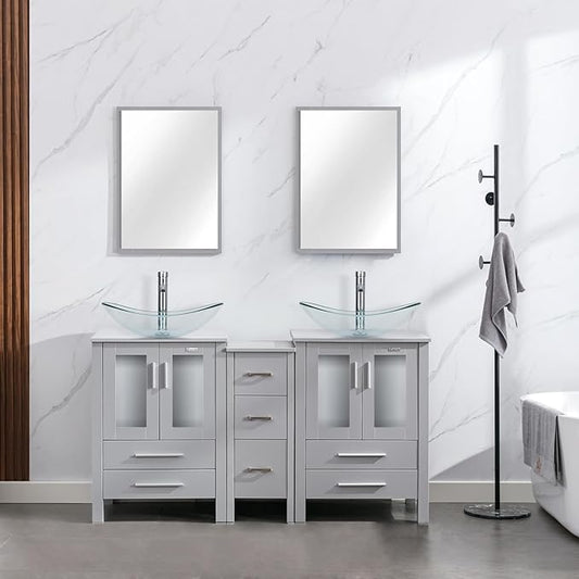 eclife 60" Modern Bathroom Vanity Sink Combo Freestanding Cabinet with Small Side Cabinet, Clear Boat Glass Vessel Sink, Water Save Faucet, Drain (Gray+A29TT)